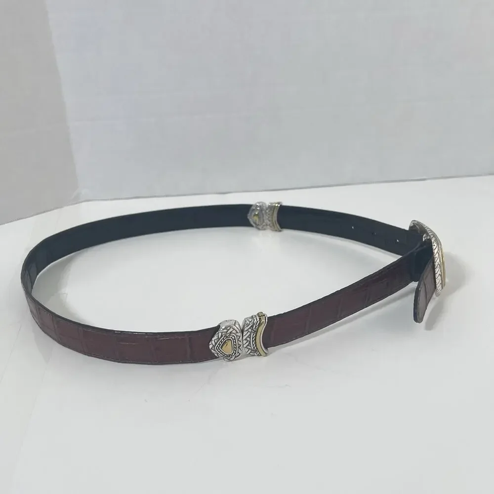 Brighton Reversible Black Brown Leather Croc Belt Size 32 Silver Gold Buckle